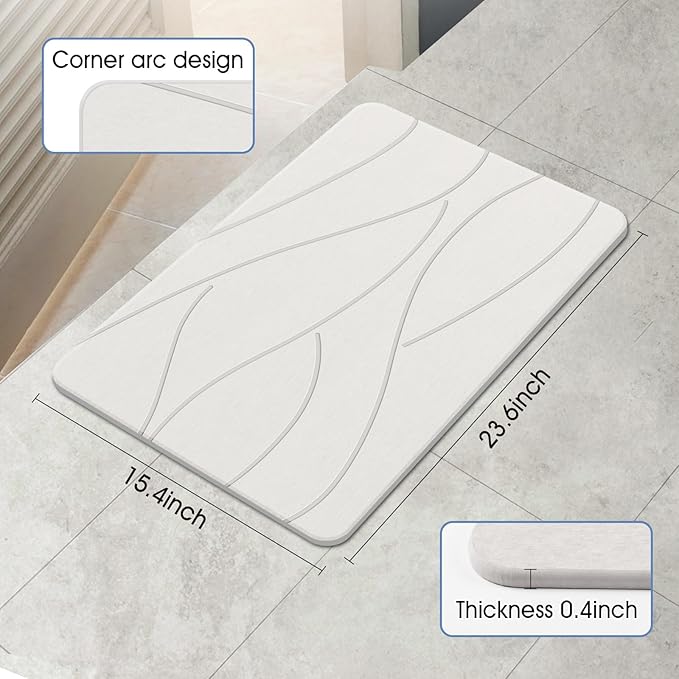 Stone Bath Mat Diatomaceous Earth Shower Mat Non-Slip Super Absorbent Diatomite Stone Bath Mats for Bathroom Floor Quick Drying Natural Easy to Clean(23.6''×15.4" White)