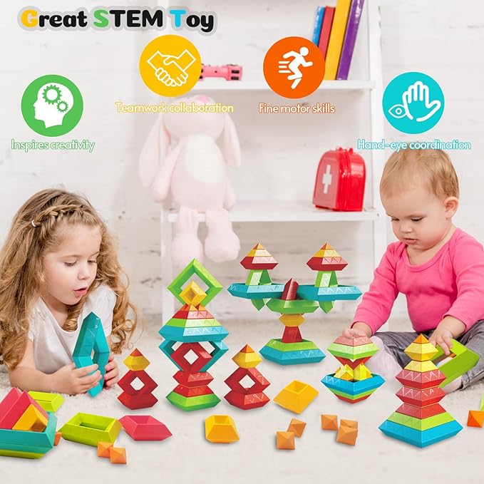 Montessori Toys for 1 2 3 4 Year Old, 60 PCS Stacking Toys Building Blocks for Toddlers 1-3 Sensory Toys for Age 2-4 Preschool Learning Activities Stem Educational Pyramid Gifts for Kids Boys Girls