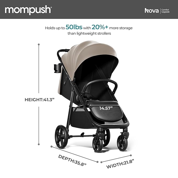 Mompush Nova Baby Stroller for Toddler, Infant & Newborn | Spacious Seat & Lie-Flat Mode | Compact One-Hand Fold, UPF 50+ Canopy & All-Wheel Suspension | Includes Rain Cover & Cup Holder, Khaki