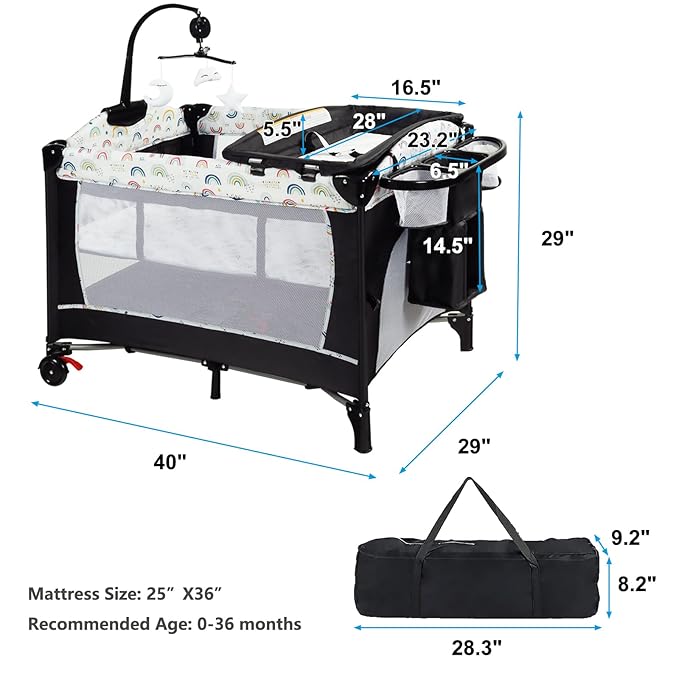 Kinder King 4 in 1 Portable Nursery Center, Foldable Baby Bedside Crib w/Bassinet, Infant Pack n Play Playard Toddler Large Playpen, Newborn Changing Table, Storage Basket, Side Zipper,Multicolour