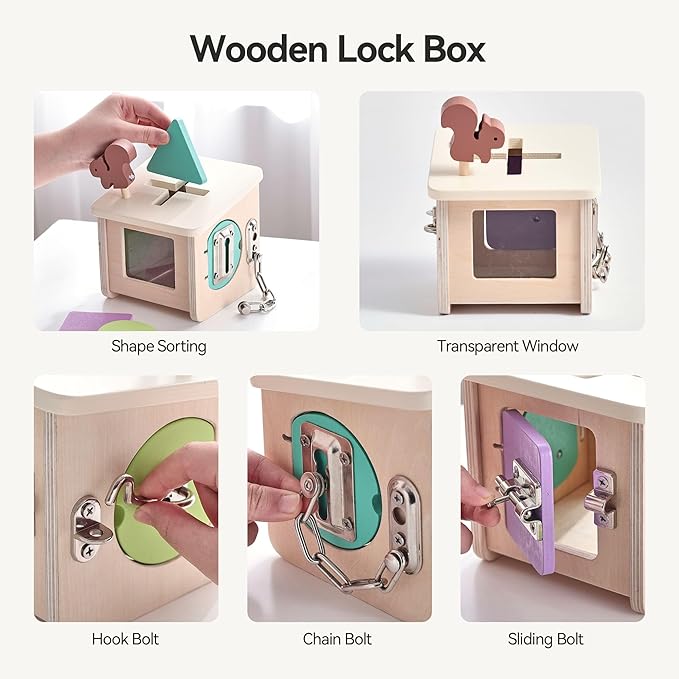 IEATFO Wooden Lock Box STEM Learning Toys for Kids - Montessori Puzzle Cube with 3 Types of Locks (Hook/Chain/Sliding Bolt), Shape Sorting - Early Educational Fine Motor Skills for Boys & Girls