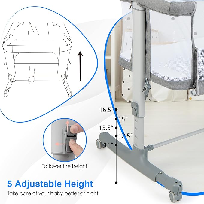 INFANS 3 in 1 Baby Bassinet, Bedside Sleeper for Newborn, Folding Crib with Mattress, Travel Bag, Wheels, 4-Sided Mesh, Easy to Assemble Cradle Co Sleeper Stationary, Rock (Light Grey)