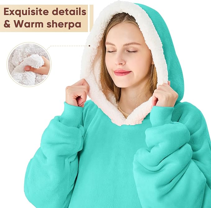 yescool Wearable Blanket Hoodie - Gifts for Women Her Girlfriend, Birthday Christmas Gifts For Mom, Oversized Flannel Sherpa Blanket Sweatshirt, One Size Fits All (Teal)