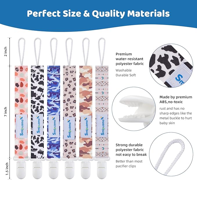 Smlpuame Pacifier Clip for Baby Boys Girl,6 Pack Stylish Binky Clips Strap,Paci Holder with Clips Universal Lightweight Fits Most Pacifiers Teeher Toy Teething Ring,Baby Gifts(Boho & Leopard & Camo)