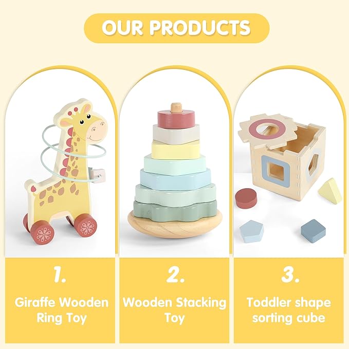FReniland Montessori Toys for 1 Year Old,3-in-1 Wooden Baby Toys,Wooden Stacking Toy,Toddler Shape Sorting Cube, Giraffe Ring Toy,Newborn Baby Gift Sets for Boys and Girls