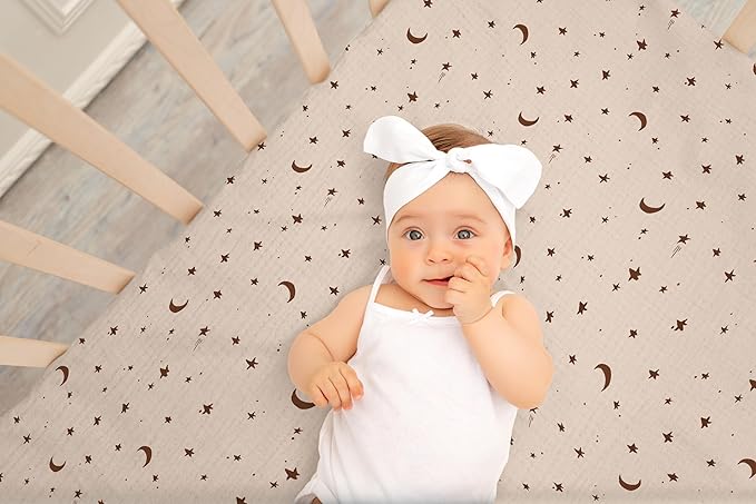 Baby Crib Sheets 2 PCS, 100% Organic Cotton Crib Sheet for Standard Crib Mattress(52”x 28”), Fitted and Soft Breathable Muslin Crib Mattress Sheet for Girl and Boy (Star, Brown)