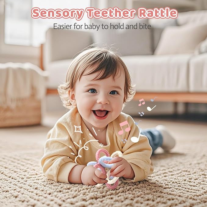 Baby Teething Toys 3 in 1 Silicone Teethers - BPA Free Food Grade Silicone Teething Ring Rattle Toys for Babies 3-6 Months 6-12 Months, Soft & Easy Hold, Baby Chew Toy for Toddlers (Pink)
