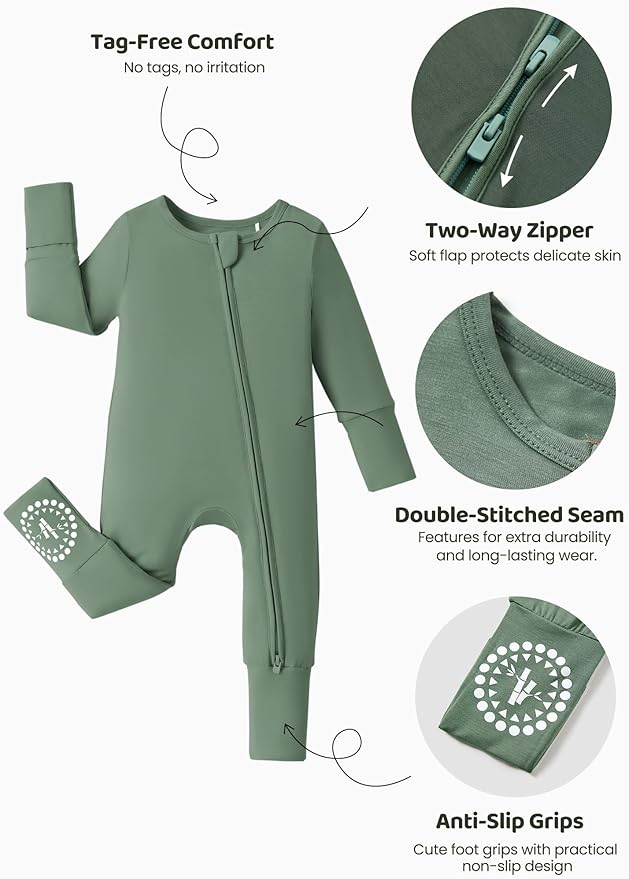 PATPAT Baby Footies Boys Girls - Bamboo Viscose - Zipper & Non-Slip Soles Romper Mitten - Footed & Footless Infant Clothes