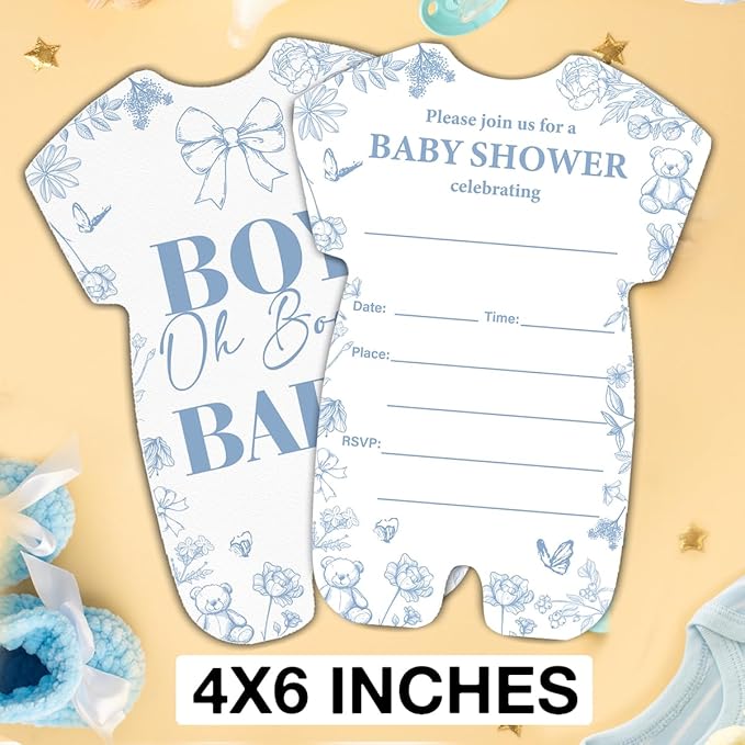 LyoGao Oh Boy Baby Shower Invitations - Dusty Blue Toile Bear Baby Shower Party Fill in Invites Cards With Envelopes (20 Pack)