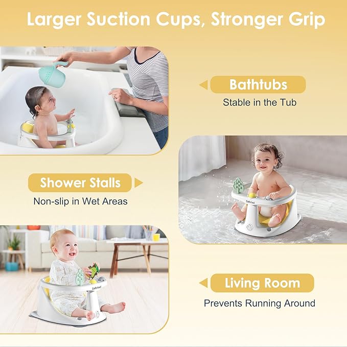 Baby Bath Seat with Bath Cap, Comfortable Baby Bath Chair for Babies 6 Months & up, Infant Bath Seat with Soft Cushion & Suction Cups, Non-Slip Bath Seats for Babies Sitting Up, Yellow