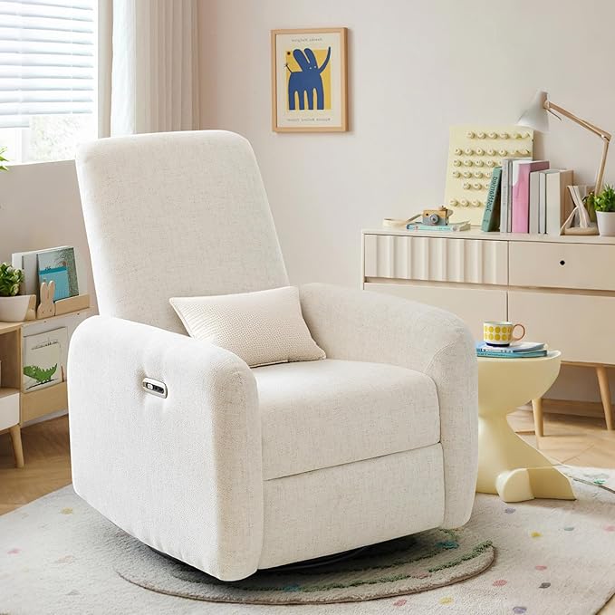 Nursery Rocking Chairs, 270° Large Power Swivel Glider Rocker Recliner w/USB & Type-C Charging Port, Rotating Rocking Reclining Nursing Chair for Breastfeeding, Living Room,Bedroom,Beige