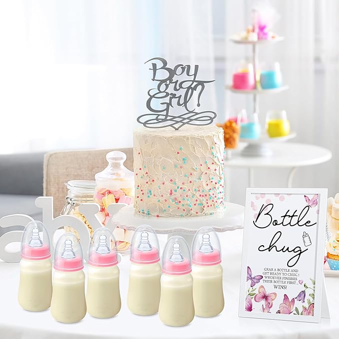 Roowest Bottle Chug Baby Shower Game Favors Including Pink Butterfly Theme Wooden Sign and 18 Pcs Baby Bottles for Gender Reveal Party Supplies