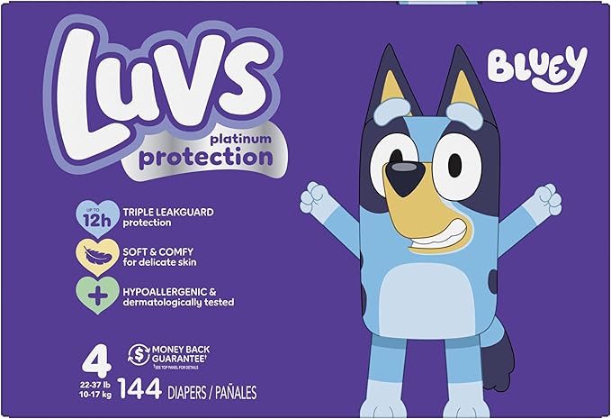 Luvs Size 4 Baby Diapers, Platinum Protection Bluey Diapers for Day & Night, Size 4, 144 Count (Packaging May Vary)