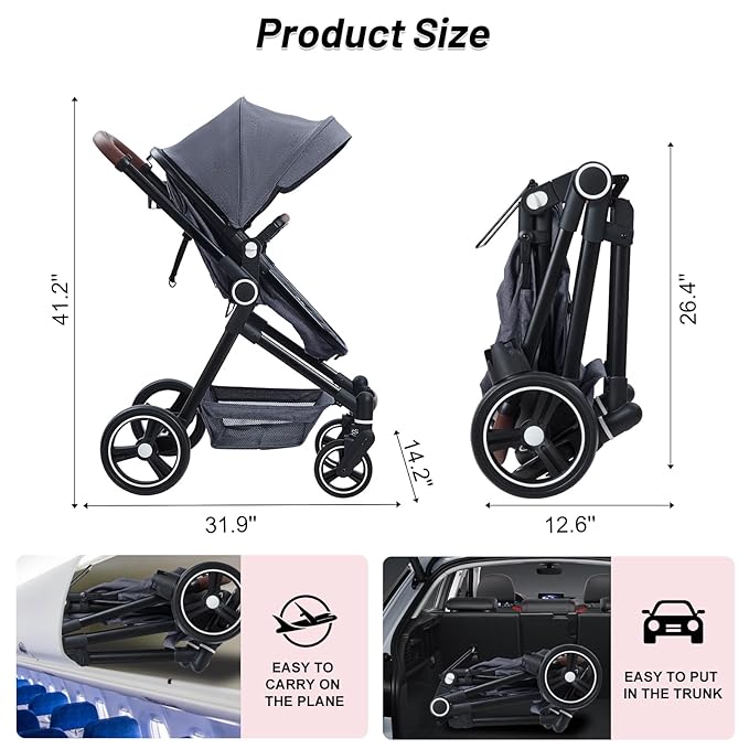 2 in 1 Baby Stroller for Toddler 0-3, Bassinet Stroller for Toddler and Newborn with Large Storage Basket, Shock Absorbing, Removable Seat, Cup Holder