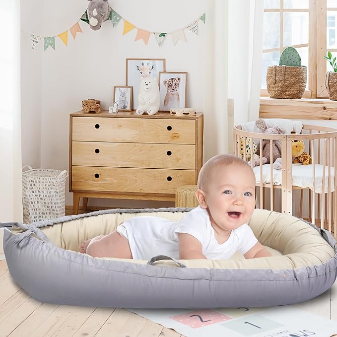 Baby Lounger, Baby Nest Cover for Baby, Reversible & Breathable Cotton, Adjustable Baby Floor Seat for Tummy Time, Portable Infant Lounger, Essentials for Newborns (Gray)