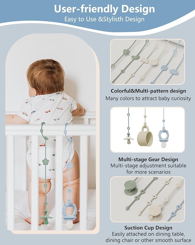 6 Pack Silicone Baby Toy Straps with 2 pcs Suction Cup Bases, Silicone Pacifier Clips Pacifier Holder, Tether Pacifier Clip,Adjustable Toy Holder for Stroller Accessories, Car Seat, Highchair,Crib (A)