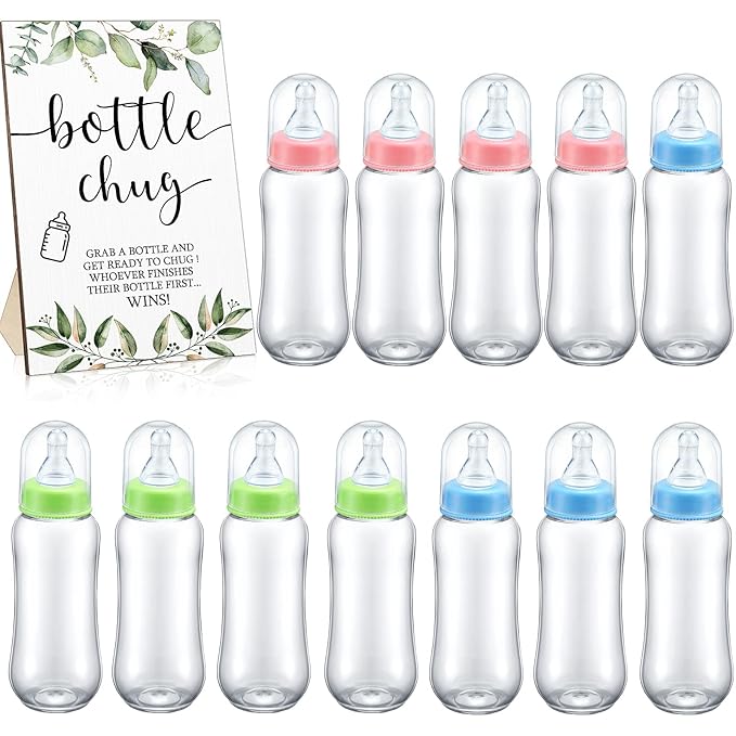 Roowest Bottle Chug Baby Shower Game Favors 12 Pcs Baby Bottles Shower Favor with 1 Wooden Sign for Gender Reveal Party Supplies Gifts(Green Leaves)