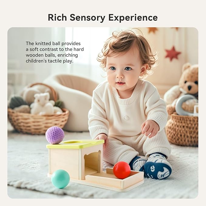 IEATFO Object Permanence Box with Tray Three Colored Balls (2 Wood+1 Knit) - Montessori Wooden Ball Drop Toy with Slide and Bear Shape - Fine Motor Skills Development Toy Age 1-3