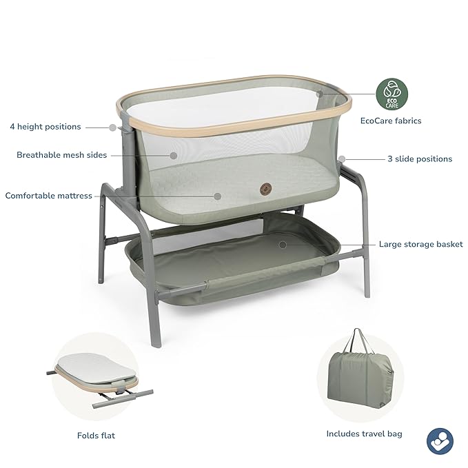 Maxi-Cosi Iora Baby Bassinets Bedside Sleeper, Portable Bassinet, Infant Bedside Sleeper Crib, Height Adjustable, Breathable Mesh, Large Storage Basket, Classic Green