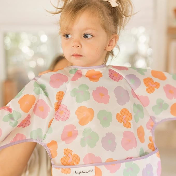 Tiny Twinkle Mess Proof Baby Bib,Waterproof Smock Baby Bib for Eating,Machine Washable Long Sleeve Bib,Baby Led Weaning,Toddler Bib (Floral Pop, Small 6-24 Months)