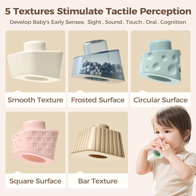 evoceler Stacking Toys for Toddlers 1-3,9° Stacking Blocks with 2 Rattles & Teethers, Soft Balance Learning Baby Toys 6-12 Months,Sensory Montessori Toy for 1 Year Old, Boys Girls Gift, 6 Blocks Set