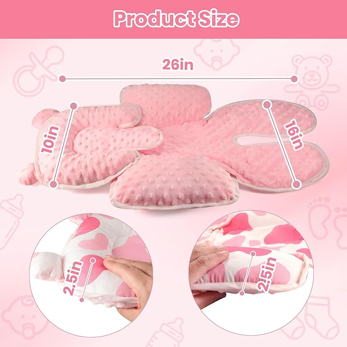 Baby 3in1 Car Seat Head Body Support,Reversible Cotton-Minnky Infant Car Seat Insert Newborn Boys Girls,Soft Breathable Carseat Head Support Pillow Cushion Infant Stroller,Swing,Bouncer(Pink)
