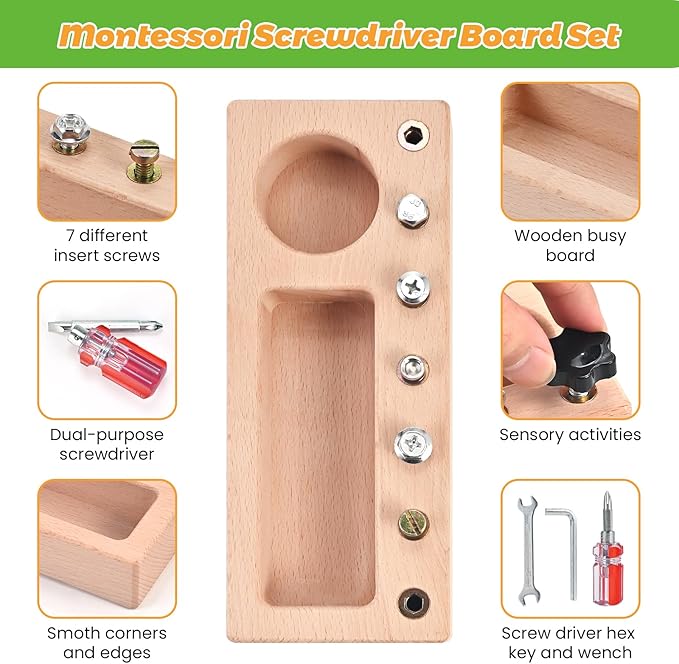 Montessori Screwdriver Board Set, Wooden Montessori Toys for 3 4 5 Year Old, Toddler Screwdriver Toy, Kids Tool Set, Preschool Learning Sensory Toy, Fine Motor Skills Toys
