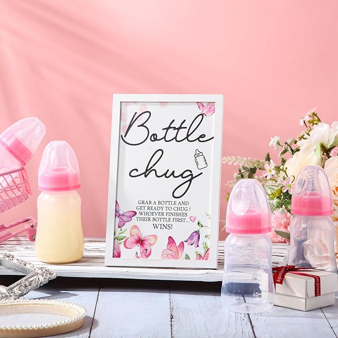 Roowest Bottle Chug Baby Shower Game Favors Including Pink Butterfly Theme Wooden Sign and 18 Pcs Baby Bottles for Gender Reveal Party Supplies