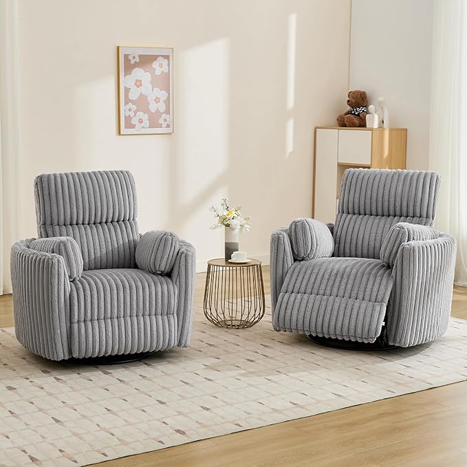 Power Swivel Glider Rocking Recliner Nursery Chair with 2 Pillows, Electric Rocker Reclining Chairs with Type-C & USB Charger Port for Living Room, High Back Barrel Armchair for Bedroom,Corduroy, Grey
