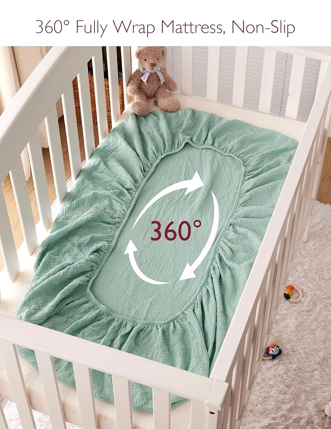 Momcozy Muslin Fitted Mini Crib Sheets, 38"x26", 2 Pack Soft Breathable Natural Cotton Baby Mattress Sheet, 360° Mattress Wrapping No Slip Boys Girls Neutral Toddler Bed Sheet, Grey Green