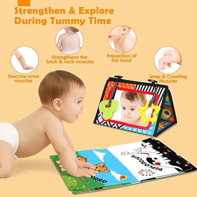 Baby Toys 0-6 Months - Tummy Time Toy Black and White High Contrast Newborn Toys - Baby Mirror with Cloth Book Teether - Montessori Sensory Crinkle Toy for Infant 0-3-6-12 Month Boy Girl Shower Gifts