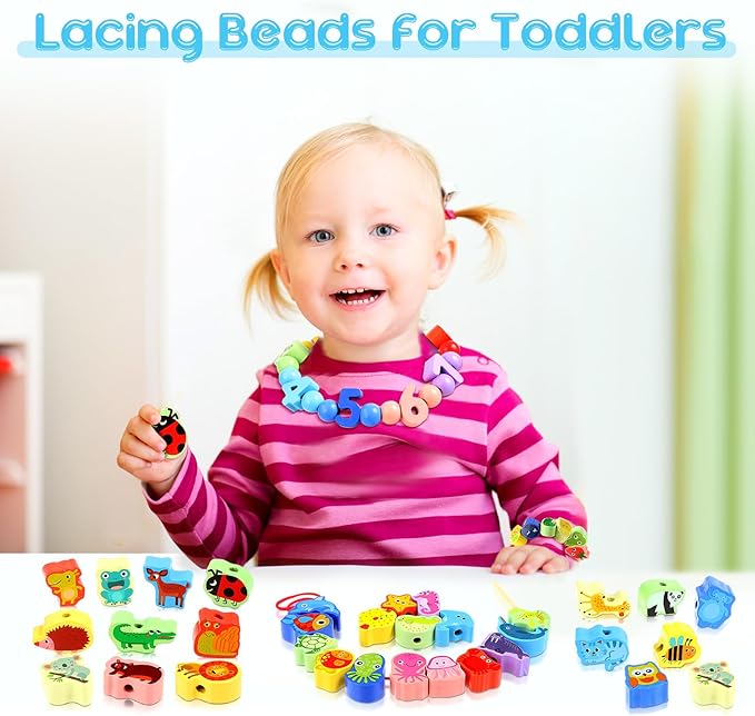 Shappy 93 Pcs Montessori Wooden Educational Threading Toys Farm Animals Fruits Wooden Lacing Beads Toys Preschool Stringing Beads for Toddler 3 4 5 Year Old Kids Boys Girls Gifts
