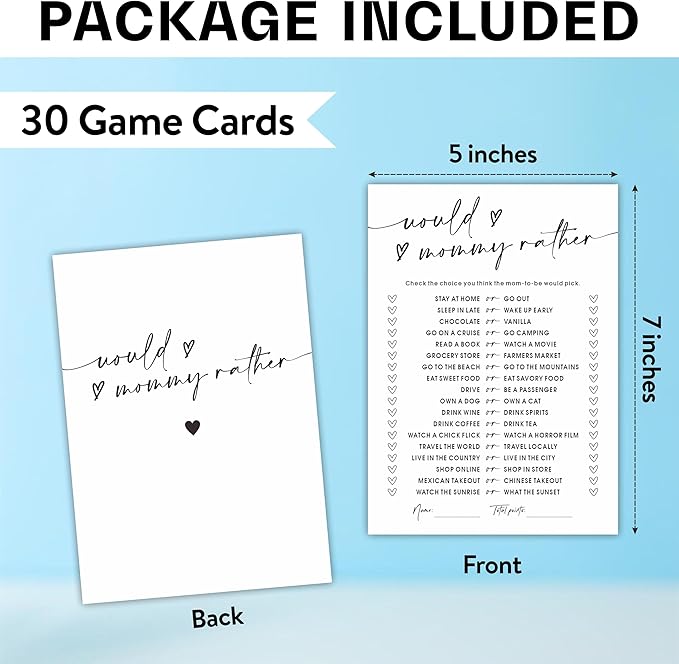 Baby Shower Game Kit - Would Mommy Rather - 30 Double-Sided Fill in Game Cards for Baby Shower, Gender Reveal Party Favor, Activity & Supplies - A13