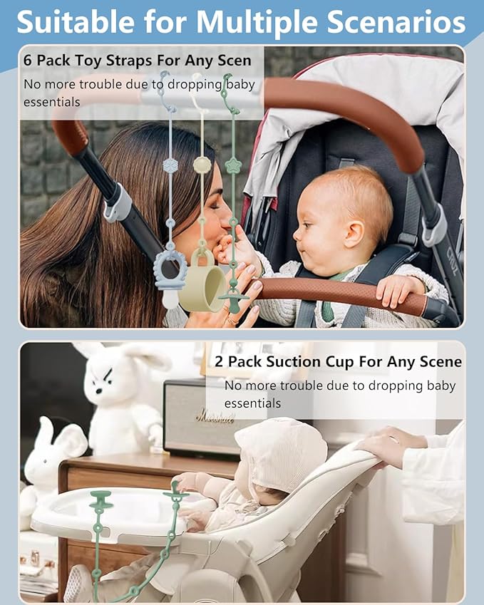 6 Pack Silicone Baby Toy Straps with 2 pcs Suction Cup Bases, Silicone Pacifier Clips Pacifier Holder, Tether Pacifier Clip,Adjustable Toy Holder for Stroller Accessories, Car Seat, Highchair,Crib (A)
