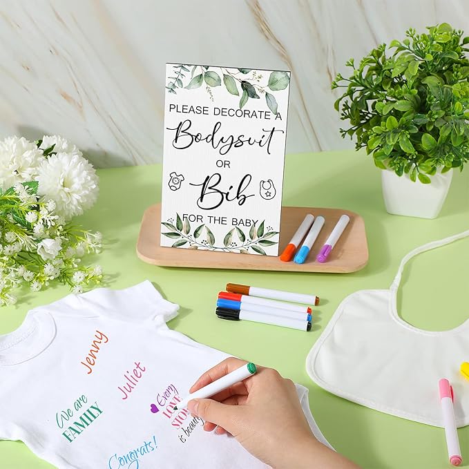 Roowest 35 Pcs Baby Shower Bibs Games Design Wooden Baby Shower Party Game Sign DIY Bodysuit Sign 15 White Blank Feeder Bibs 9 Newborn Bodysuit 10 Markers for Boys Girls(Greenery)