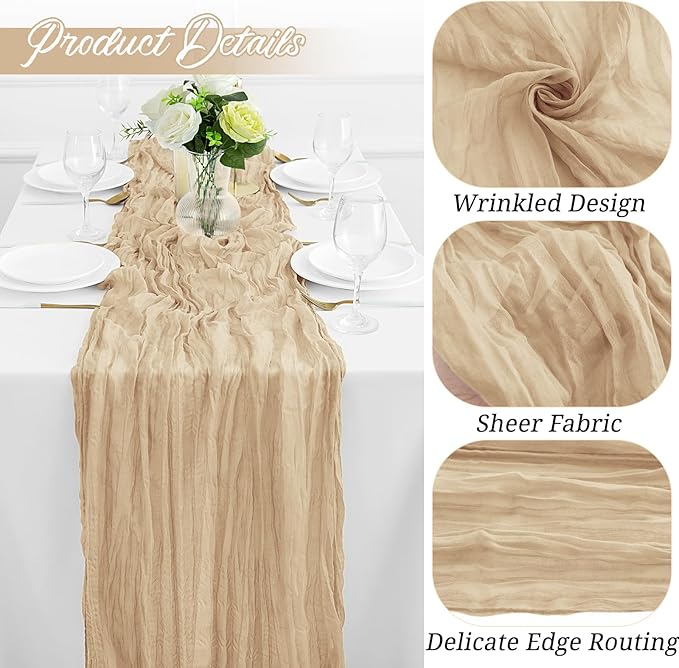 12Pack Beige Table Runner 35 x 120 inch Cheesecloth Table Runner 10FT Boho Table Runners Rustic Gauze Cheese Cloth Table Runners for Party Wedding Birthday Dining Bridal Shower Baby Shower Decor