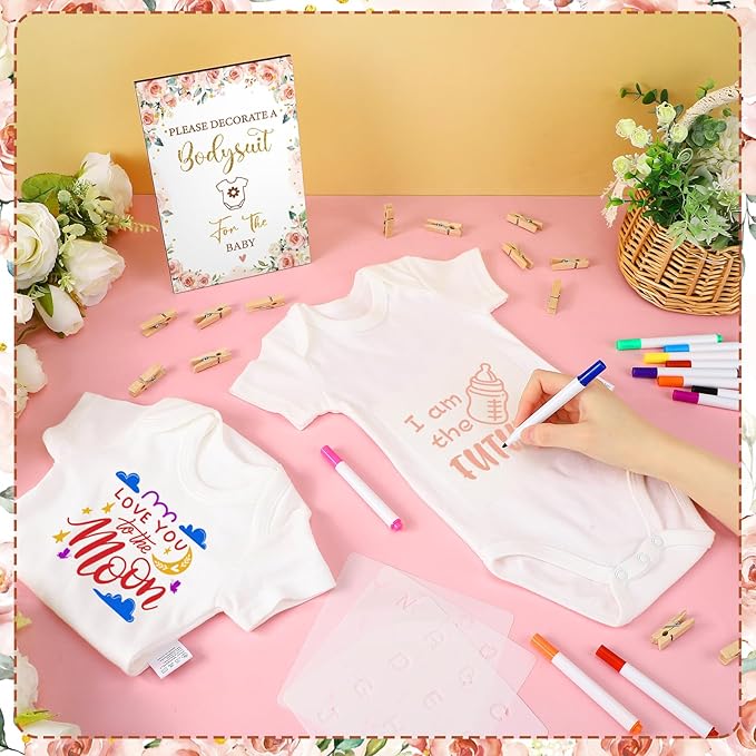 Panitay 126 Pcs Baby Shower DIY Bodysuit Set Rustic Kraft Baby Shower Game Sign DIY Bib 25 Blank White Newborn Bodysuit 25 Stencils 24 Marker 1 Sign 50 Pins for Gender Reveal(Floral)