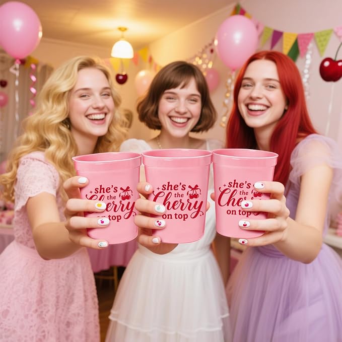 12Pcs She's the Cherry on Top Cups, Engagement Wedding Party Decor Sign, Bridal Shower Fruit Theme Decorations, 16oz Cups for Cherry Baby Shower Decorations Red & Pink
