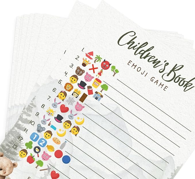 Printed Party Woodland Baby Shower Games for Boy – Set of 4 Games for 30 Guests, Forest Animal Theme, Includes Bingo, Mommy Trivia, Emoji Storybook, and Guess Who