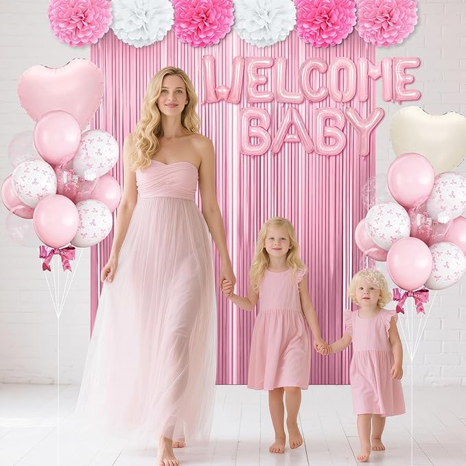 Pink Baby Shower Decorations for Girl,Welcome Baby Balloon Banner with Coquette Pink White Bow Balloons Fringe Curtains Paper Pom Poms for Baby Shower Gender Reveal Party Supplies