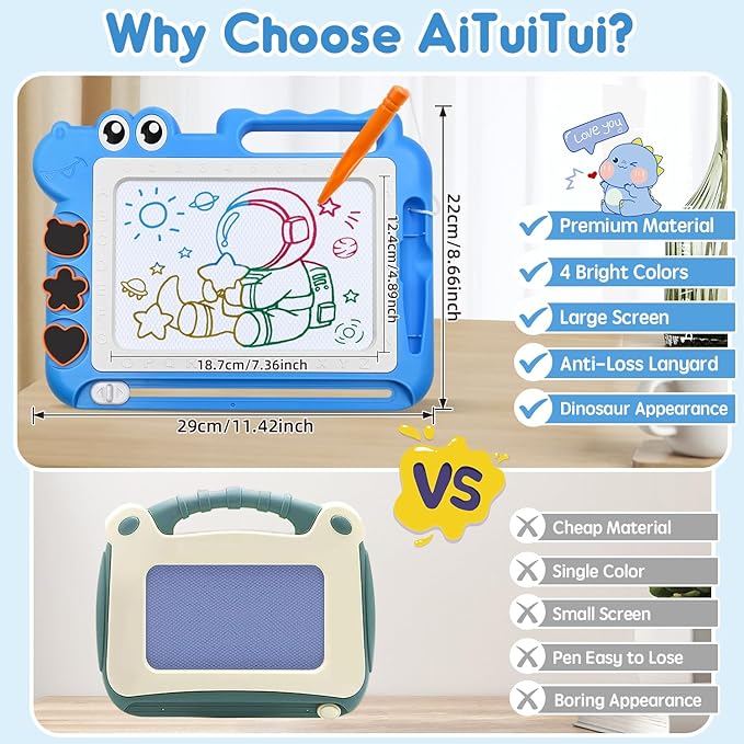 AiTuiTui Magnetic Drawing Board Toddler Toys Gift for 2 3 Year Old Girls Boys, Sketch Writing Doodle Pad Age 2-4 Travel Games, Educational Learning Kids Toys for Toddlers Birthday (Blue)
