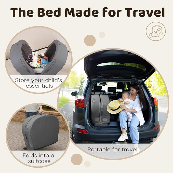ENITYA Toddler Travel Bed, Foldable Floor Cot with Washable Cover for Travel, Camping, Home, Portable Crib for Kids Aged 18M–5Y, Easy to Use, Kids Cot for Sleeping, Grey
