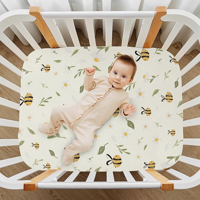Baby Crib Sheets Bee Honey Crib Sheets for Boys Girls,Neutral Bassinet Toddler Bed Play Sheets Breathable Soft and Portable 52 * 28 * 9in