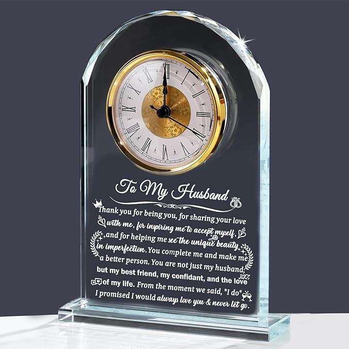 Glass Clock Gifts for Husband from Wife Personalized Gift for Husband Who Has Everything on Birthday Anniversary, Presents for Him on Christmas Home Desk Clock