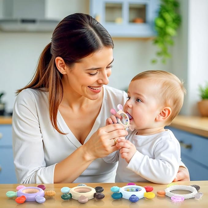 akolik Teething Toys for Babies, Baby Teethers Toy Teething Ring Silicone, Grasping Teething Toy, BPA Free Teething Newborn Accessories for Baby 0 3 6 9 12 18 Months (Ringer Pink)