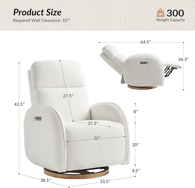 HULALA HOME Glider Recliner Nursery Chair with Adjustable Headrest and Lumbar Support, Modern Power Recliner with USB Port and Nightlight, Swivel Rocker Glider for Nursing Room Bedroom, White