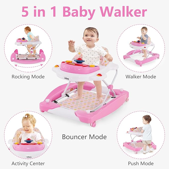 INFANS Baby Walker, 5 in 1 Behind Walker Learning Seated Rocker Bouncer with Removable Music Tray, Adjustable Height, Washable Seat Cushion, Foldable Activity Center for Toddlers (Pink)