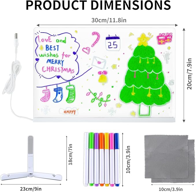 LED Note Board with Colors,Led Light Up Acrylic Message Board,LED Illuminated Drawing Board Light Up Dry Erase Board with Stand for Office School Home (11.81 * 7.88'')