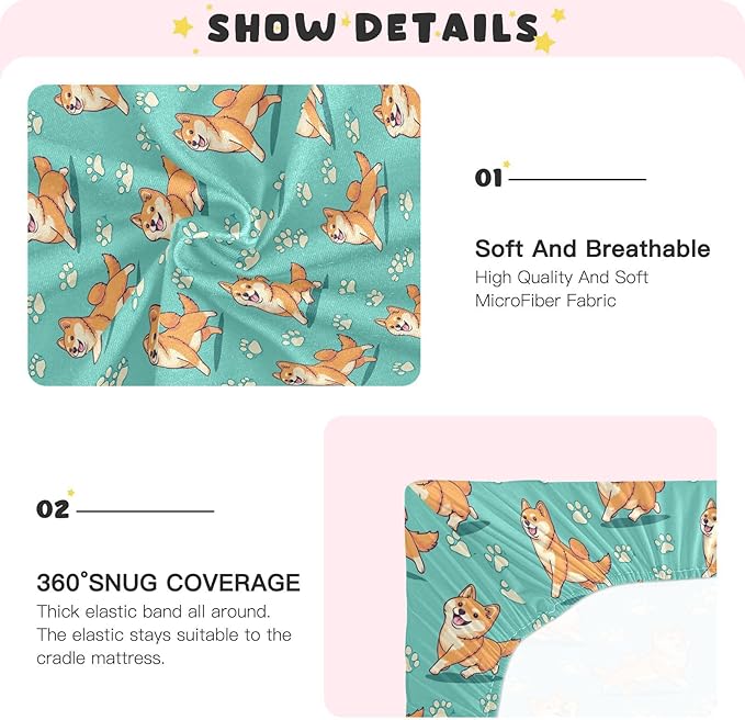 Baby Crib Sheets Fat Shiba Inu Crib Sheets for Boys Girls,Neutral Bassinet Toddler Bed Play Sheets Breathable Soft and Portable 52 * 28 * 9in