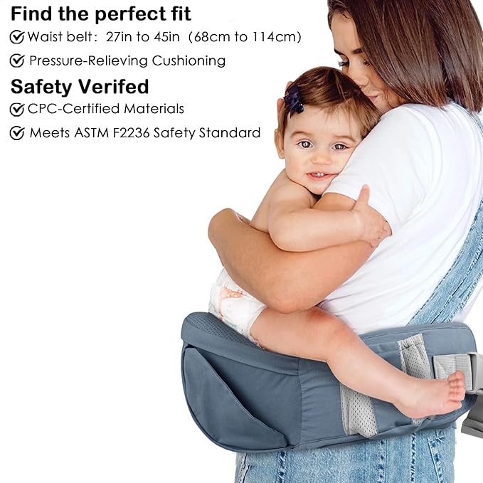 Baby Hip Seat Carrier, Adjustable Waistband with 3D Abdominal Support & Various Pockets Ergonomic Carrier for Newborns to Toddlers up to 33 lbs Medium Haze Blue